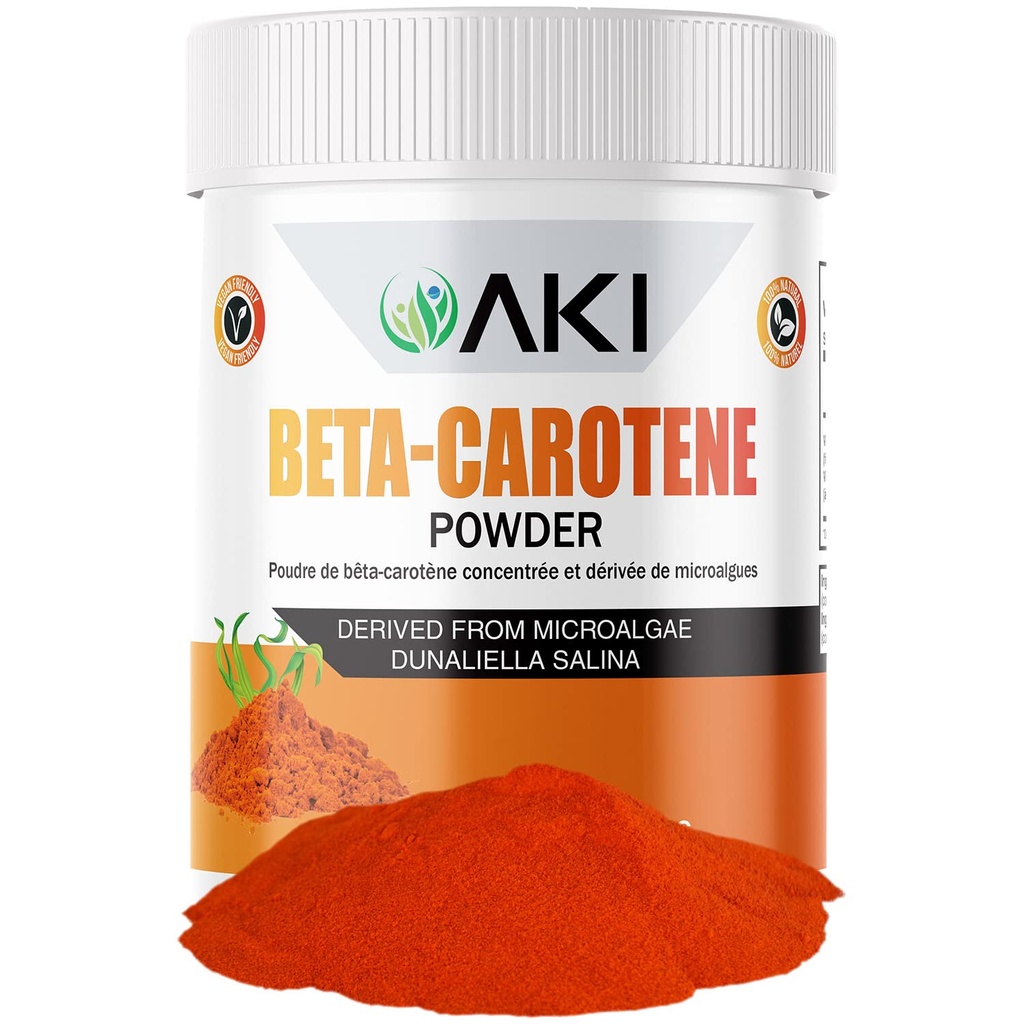 AKI Beta karotén 10% prášok (1.5-42.52g) Vysoko koncentrovaná aromatizovaná zmes vitamínu A, môže pomôcť podporovať telesné funkcie, kožu, imunitný systém a oko - bez GMO a Vegan priateľsky