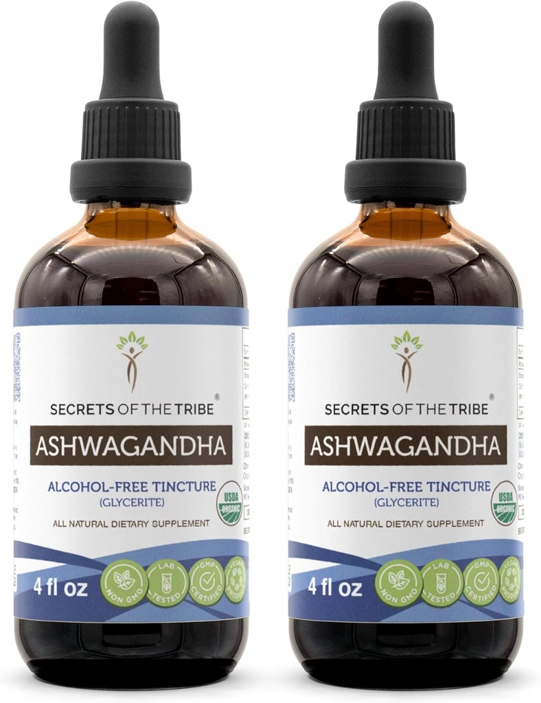 Ashwagandha Tinktúra bez alkoholu extrakt, USDA Organic Ashwagandha Withania Somnifera Anti-stres a relaxácia 2x4 OZ