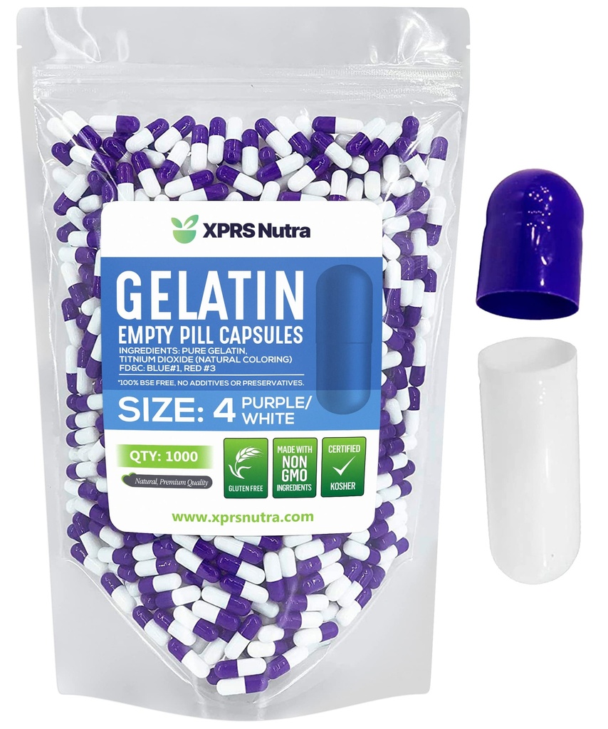 XPRS Nutra Veľkosť 4 prázdne kapsuly - 100 Počet malých prázdnych želatíny Kapsule - Tabletky DIY Kapsule Plnenie - Plniteľné Pure Bovine Pill Gel Caps pre Do-It-Tvoje vlastné doplnky (Purple/White)
