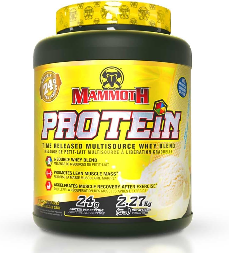 MAMMOTH PROTEIN POWDER, HIGH PROTEIN SHAKE, SUPERIOR TIME-RELEASE FORMULA, WHEY PROTEIN CONCENTRATE & ISOLATE, HYDRYLYZED WHEY & MLIK PROTEIN ISOLATE, CASEIN, 6 BIOAVAILABATE DAIRANCE PROTEIN SOURCES, low CUKR, Vanila, 5 LB