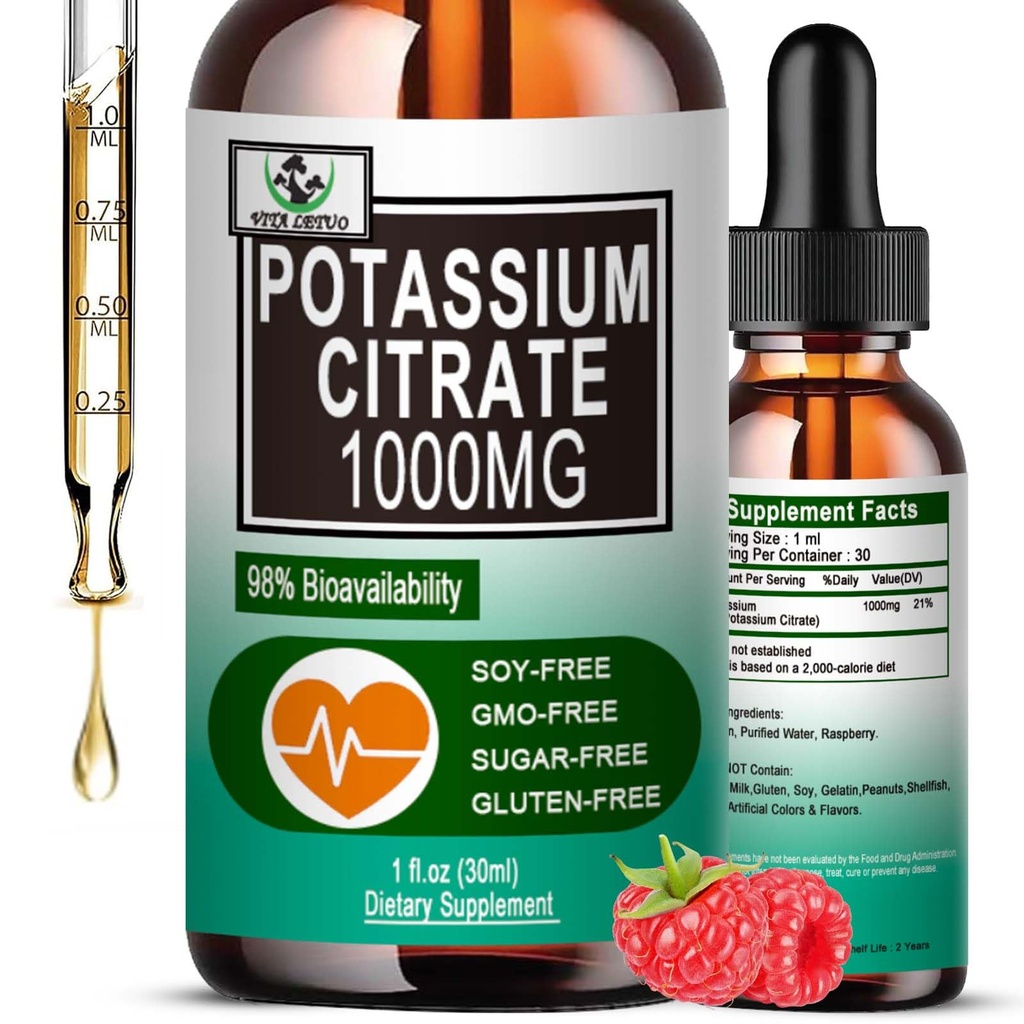 Dusičnan draselný Tekuté kvapky,Potasium Supplement 1000mg Liquid Support Muscle Cramp Relief, Heart Health and Sleep, Highly Absorbable for Adults Women & Men, Vegan, 30 Servings