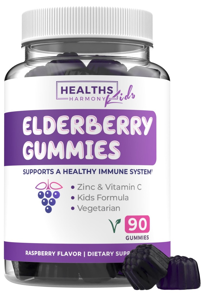 Sambucus Elderberry Gummy pre deti - Deti Imunitná podpora Gummy s čiernymi bazami vitamín C a zinok pre denné a sezónne wellness - Vegan Non-GMO & Lab Overené (3 mesiace dodávky)