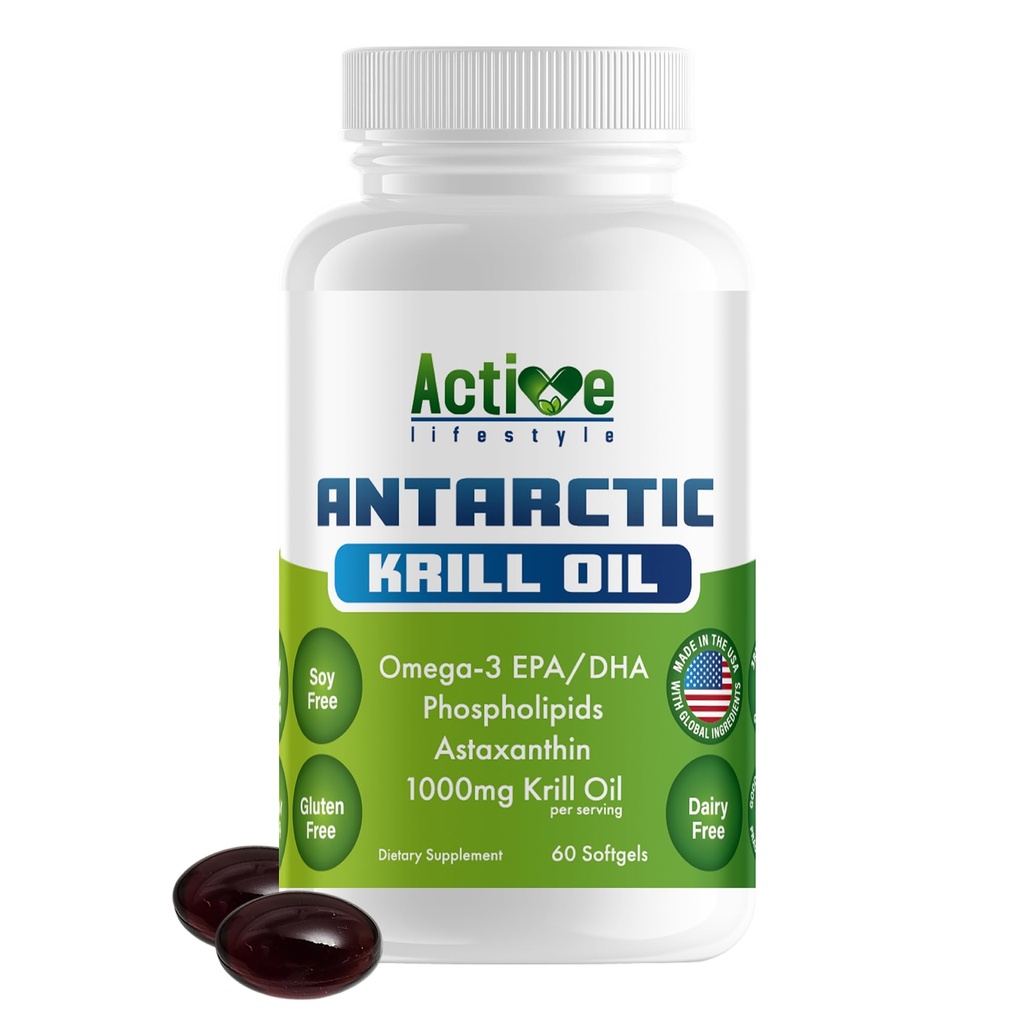 Active Lifestyle Antarktída Krill Oil Supplement, High Absorbtion EPA, DHA, Astaxantin & Fosfolipid, Red Krill, bez GMO, Gluten Free, Soy Free, Dairy Free, Lab Tested, Made in USA