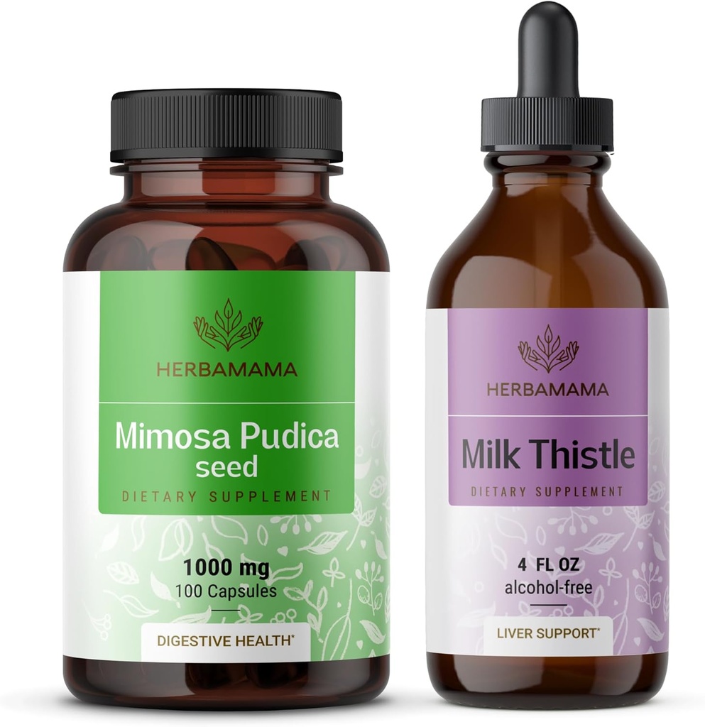 HERBAMAMA Mimosa Pudica and Milk Thitle Kit - Bundle of 1000 mg Mimosa Pudica Kapsule & Milk Thitle Tincture 4 fl oz - Vegan, Non-GMO, Cukor & Bez alkoholu - 2 balenia