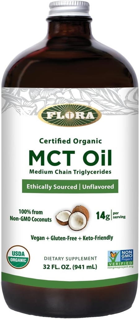 Flora - MCT Oil Certified Organic - Podporuje svalovú energiu a zdravie mozgu - Obsahuje C8 Kyselina kaprylová & C10 Kyselina kapriová - non-GMO, Gluten-free, Vegan & Keto-Friendly - 32 fl. oz. Sklenená fľaša