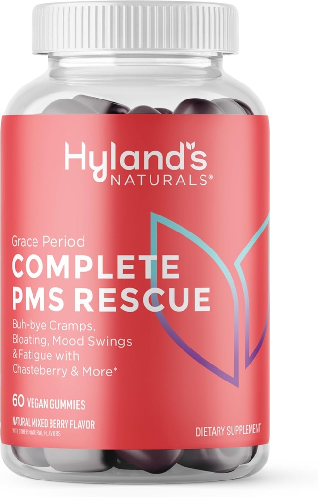 Hyland's Grace period Complete PMS Rescue, 60 Vegan Gummies with Chasteberry and Dong Quai for Menstrual support and B6 and B12 for Red Blood Cell formation