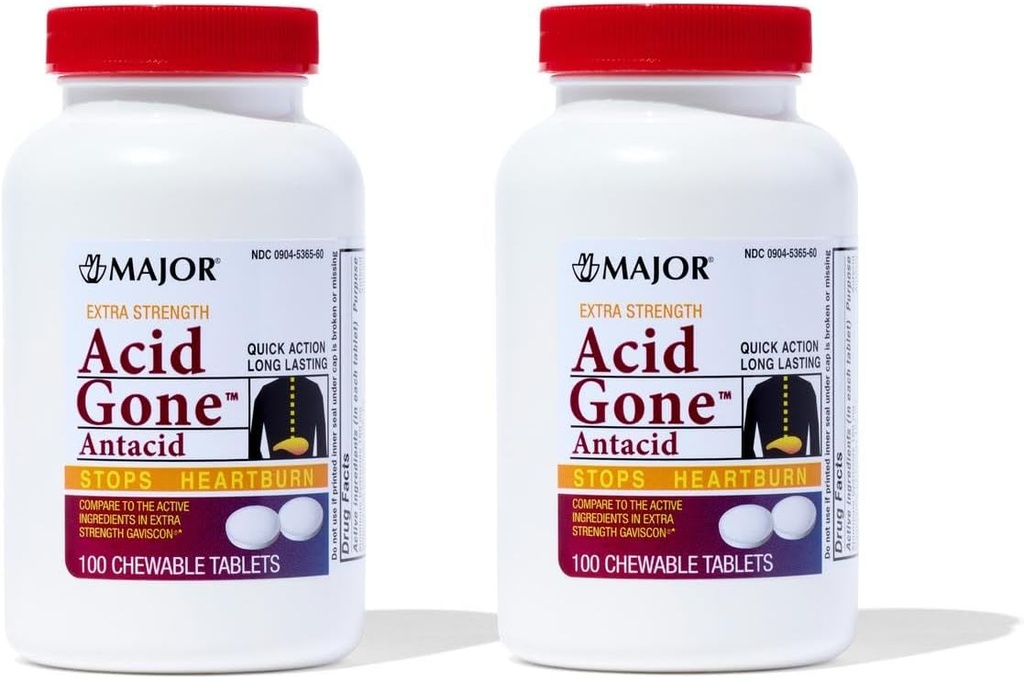 Major Acid Gone Extra Strength Antacid Chewable Tablets - Anti-Acid Relief - Acid Reflux Medicine for Adults - Upset Stomach, Acid Indigestion, and Heartburn Relief - Long-Lasting - 100-Count (2 Pack)