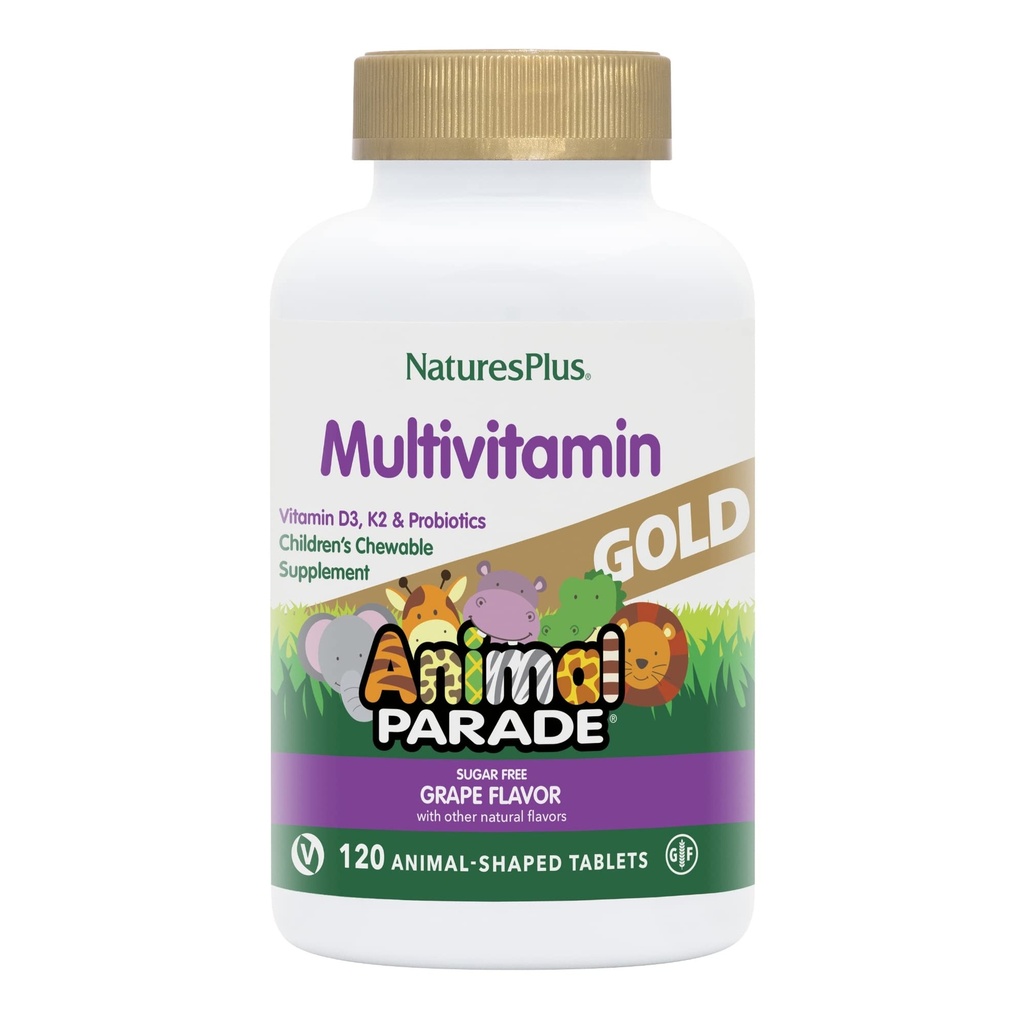Natures Plus Animal Parade Gold Detské multivitamíny, Hroznová príchuť - 120 Žuvacie zvieracie tvarované tablety - Vegan, Gluten Free - 60 Servisov