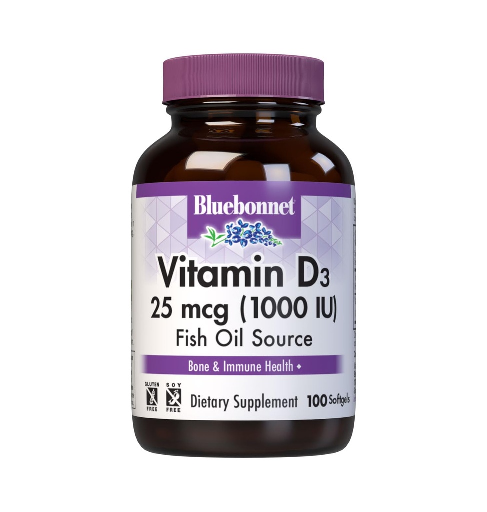 Bluebonnet Nutrition Vitamín D3 1000 IU Softgels, Aids in Muscle and Skeletal Growth, Cholekalciferol from Fish Oil, Non GMO, Gluten Free, Soy Free, Dairy Free, 100 Softgels