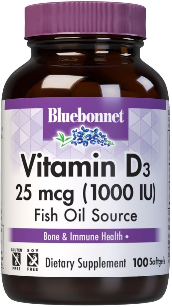 Bluebonnet Nutrition Vitamín D3 1000 IU Softgels, Aids in Muscle and Skeletal Growth, Cholekalciferol from Fish Oil, Non GMO, Gluten Free, Soy Free, Dairy Free, 100 Softgels