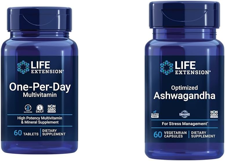 Life Extension One-Per-Day Multivitamin 60 Tablets and Optimized Ashwagandha 60 Capsules Bundle