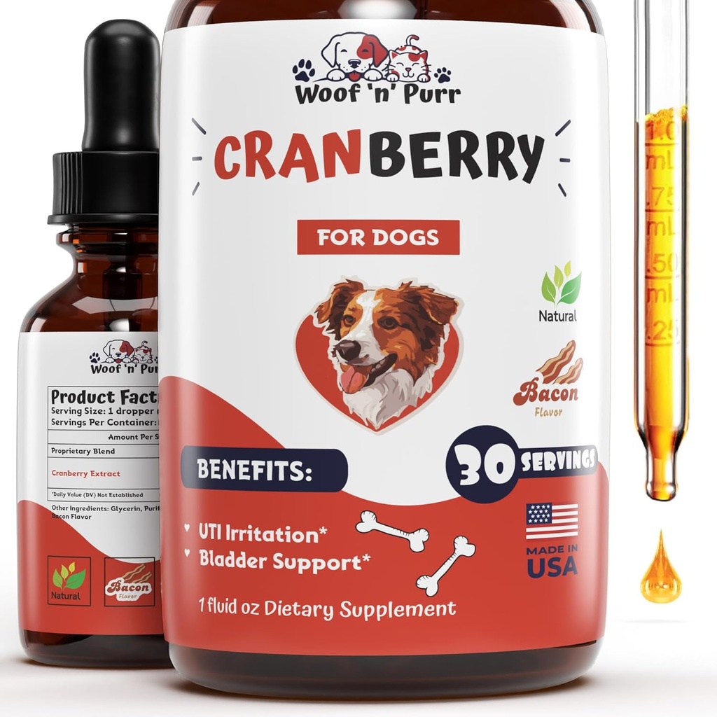 Cranberry Supplement for Psy - Dog UTI Liečba - Pes Cranberry Supplement - Cranberry pre psy - Pes UTI Cranberry - Pes UTI - UTI Liečba psov - UTI Psy - 1 fl oz - Bacon Flavor