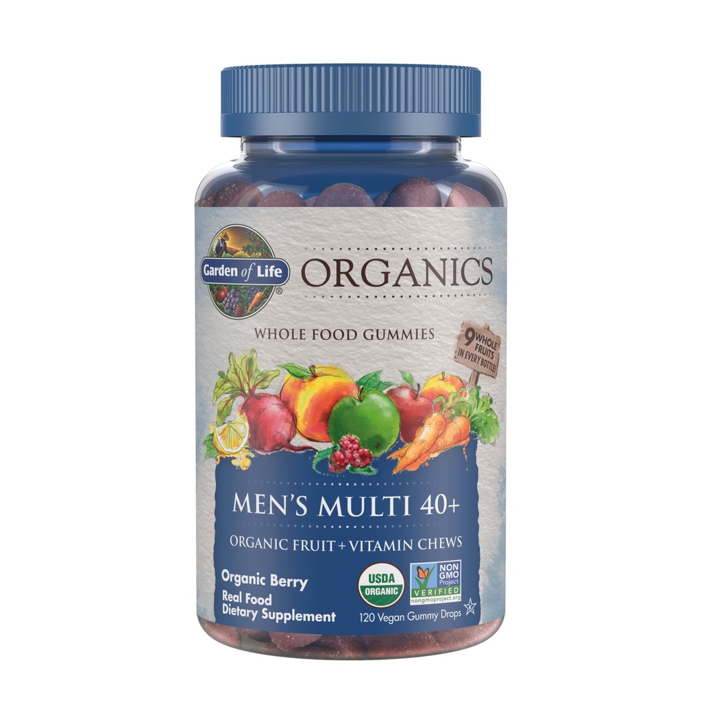 Záhrada života Organics Muži 40+ Gummy Vitamíny - Berry - Certified Organic, Non-GMO, Vegan, Kosher Complete Multi - Metyl B12, C & D3 - Gluten, Soy & Dairy Free, 120 Real Fruit Gummies