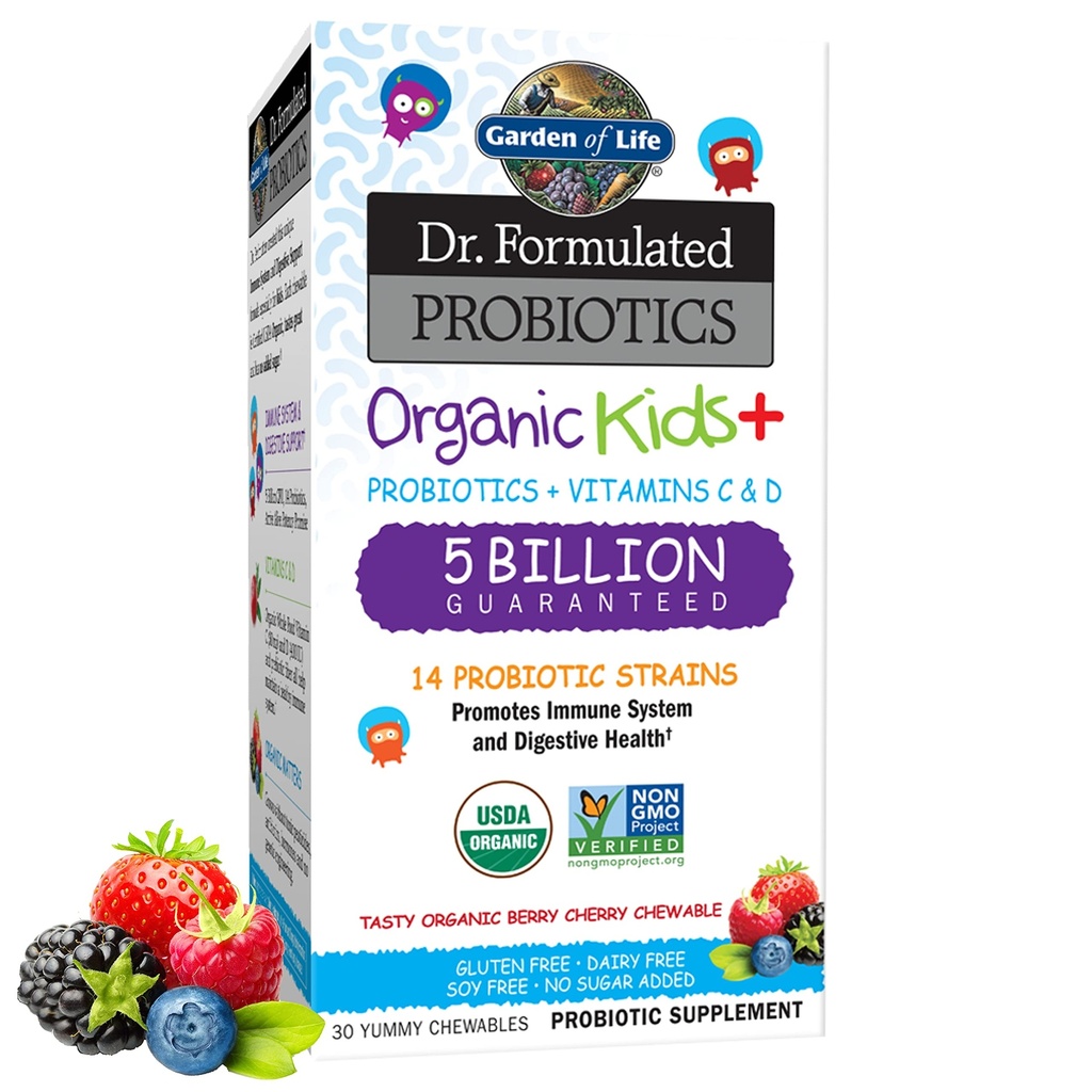 Garden of Life Kids Probiotiká, Dr. Formulované probiotiká Organic Kids+ Vitamín C & D, Berry Cherry, Gluten Dairy & Soy Free Immune & Digestive Health Supplement, 30 Chewables