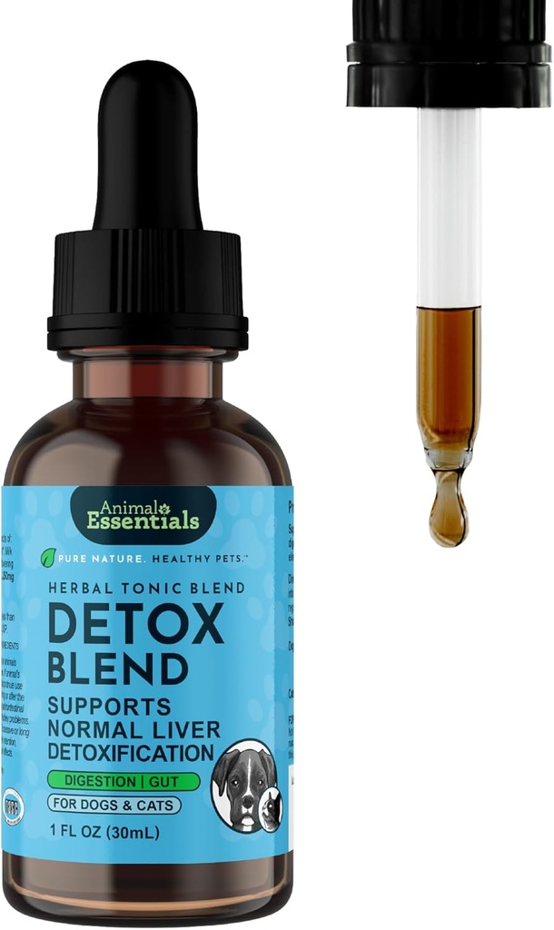 Animal Essentials Detox Blend - Pečeň podpora pre psy a mačky, Pečeň doplnok, Bylinná formula, Organic Human Grade Herbs, Vet odporúča - 1 Fl Oz