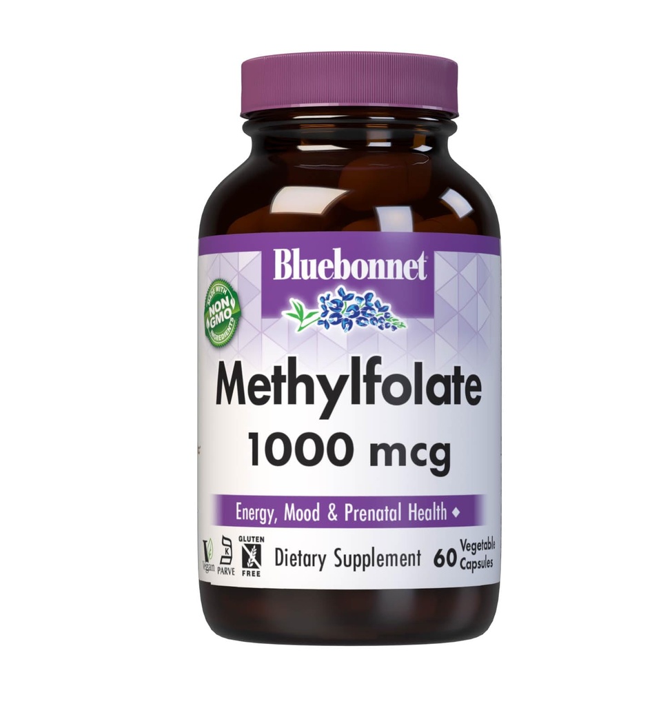 BlueBonnet Nutrition Methylfolate 1000 mcg, pre Energy, Mood, and Prenatal Health*, Non-GMO, Vegan, Kosher Certified, Gluten-free, 60 Rastlinné kapsule, 60 Servings