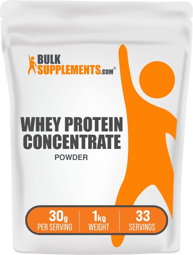 BulkSupplementments.com Srvátkový proteínový koncentrát prášok - Srvátkový proteín prášok Supplement, Nesladené, Neochutené a bez lepidla, 30g na porciu, 1kg (2,2 lbs) (dávka 1)