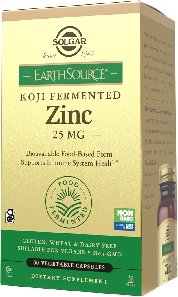 Solgar Earth Source Food Fermented Koji Zinok 25mg, 60 Rastlinné kapsule - Vyššia-absorpcia, Biodostupný Zinok pre Immune & Skin Health - Non-GMO, Vegan, Gluten No, Dairy No, Košer - 60 Servings