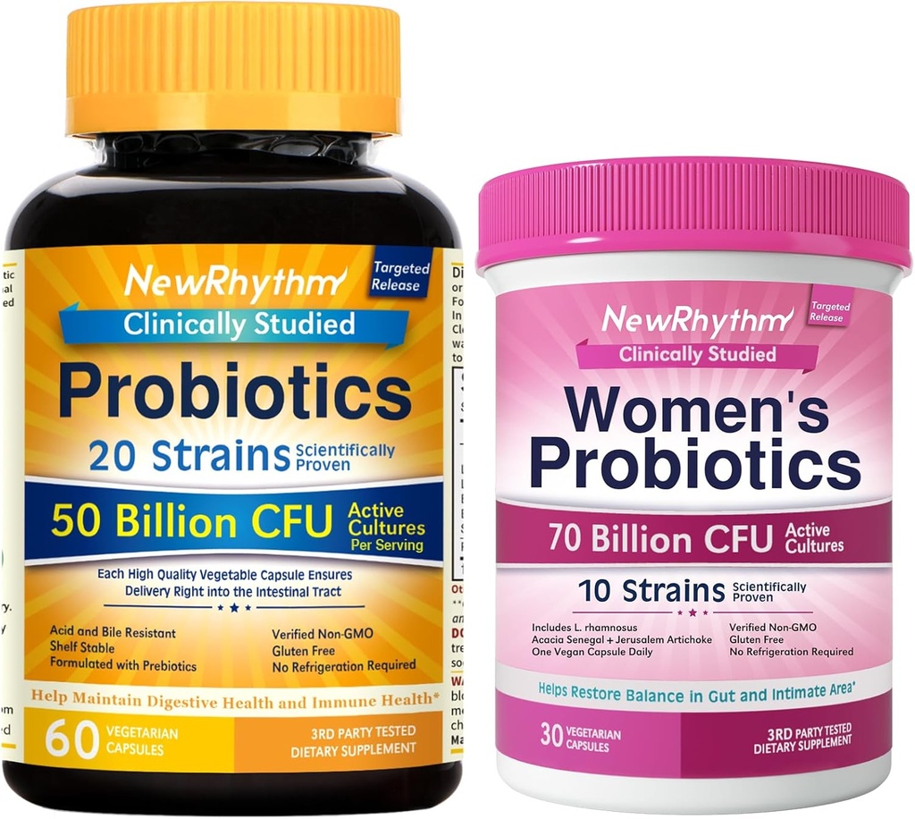 NewRhythm Gut & Feminine Health Bundle, Probiotiká 50 miliárd CFU a ženské probiotiká 70 miliárd CFU, Daily Gut Health & Feminine Care, 90 kapsúl celkom (Pack of 2)