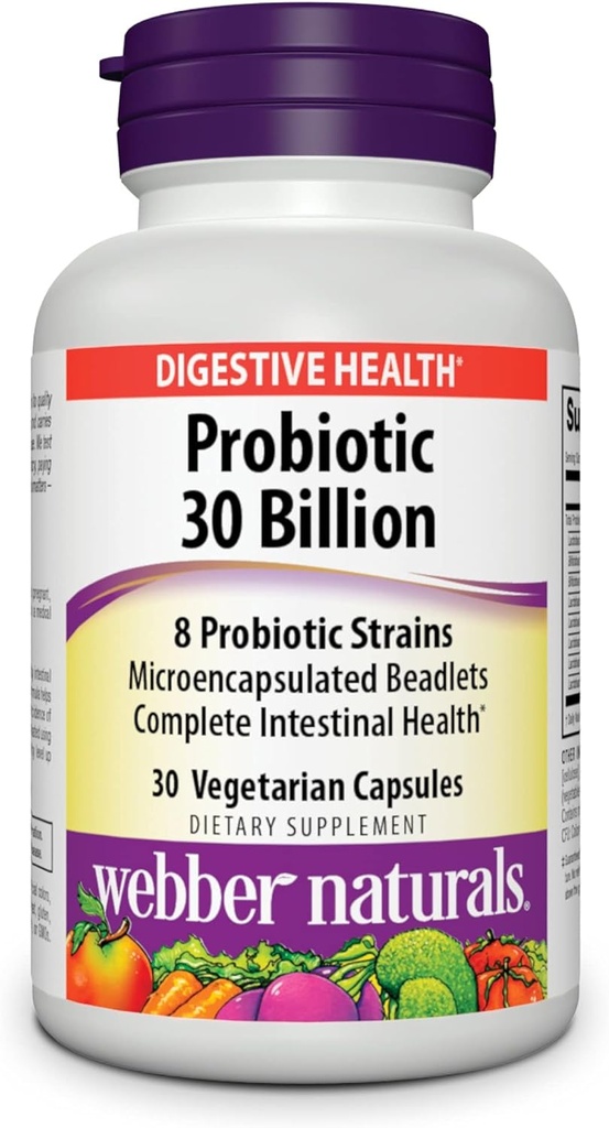 Webber Naturals Probiotiká, High Potency, 30 miliárd CFU, pre mužov, ženy a dospelých, Stabilný pre police (Žiadna potreba chladničky), 8 probiotických kmeňov, 30 Vegetariánskych kapsúl, pre Digestívne zdravie