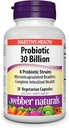 Webber Naturals Probiotiká, High Potency, 30 miliárd CFU, pre mužov, ženy a dospelých, Stabilný pre police (Žiadna potreba chladničky), 8 probiotických kmeňov, 30 Vegetariánskych kapsúl, pre Digestívne zdravie