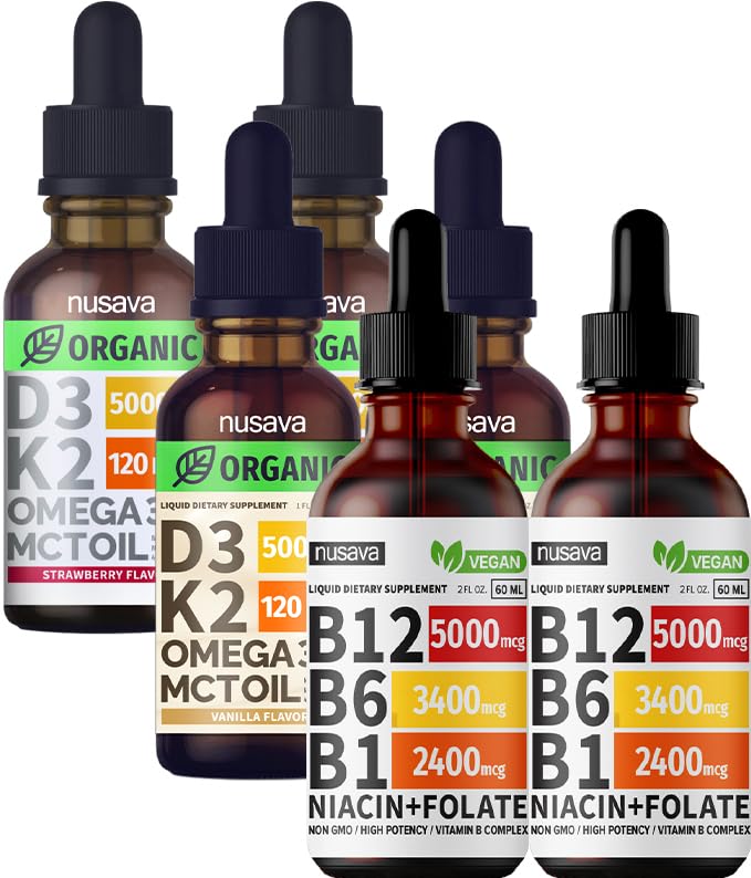 NUSAVA Vitamín B12 Tekuté kvapky Bundle, Jahoda Ochutené D3 K2, a Vanilla Ochutené D3 K2 - Silné kvapalné vitamíny pre srdce, energiu, mozog a imunitnú podporu - non-GMO, bez lepidla, 2ks
