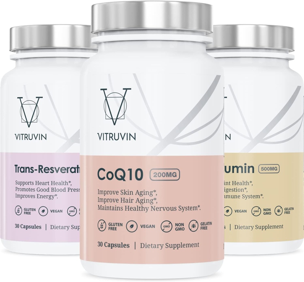Vitruvin Beauty + Comfort Pack COQ10 200mg + Trans- Resveratrol 500mg + Curcumin 500mg, Vegan, Non-GMO, Gluten-Free, Želatína-Free. Zdravá koža, sluch, kĺby a mozog