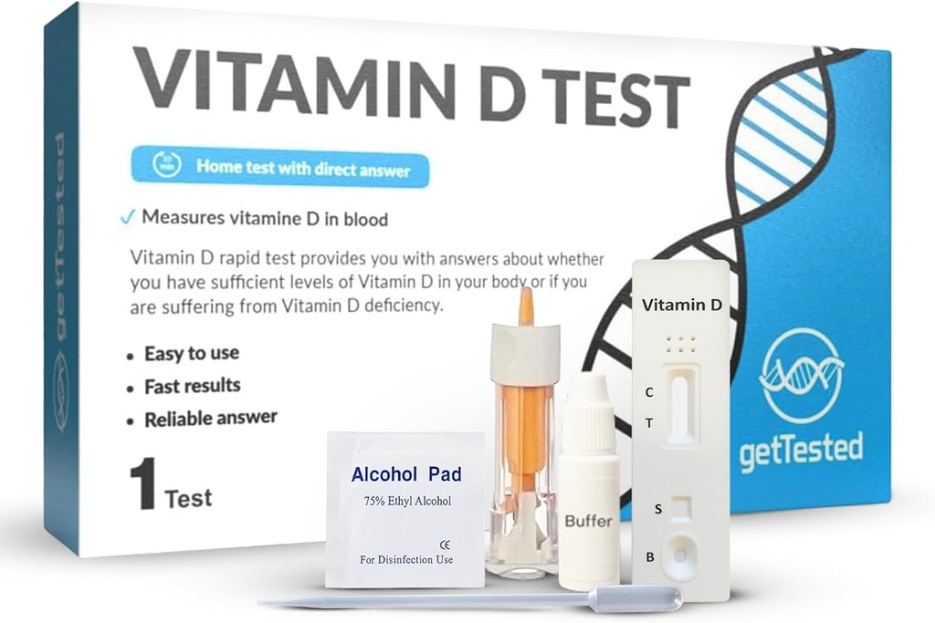 getTested Vitamin D test súprava doma - Self test pre nedostatok vitamínu D - rýchle, presné výsledky - jednoduché použitie - nie je potrebné laboratórium - Zahŕňa Lancet Buffer Cassete - Finger Prick krvný test