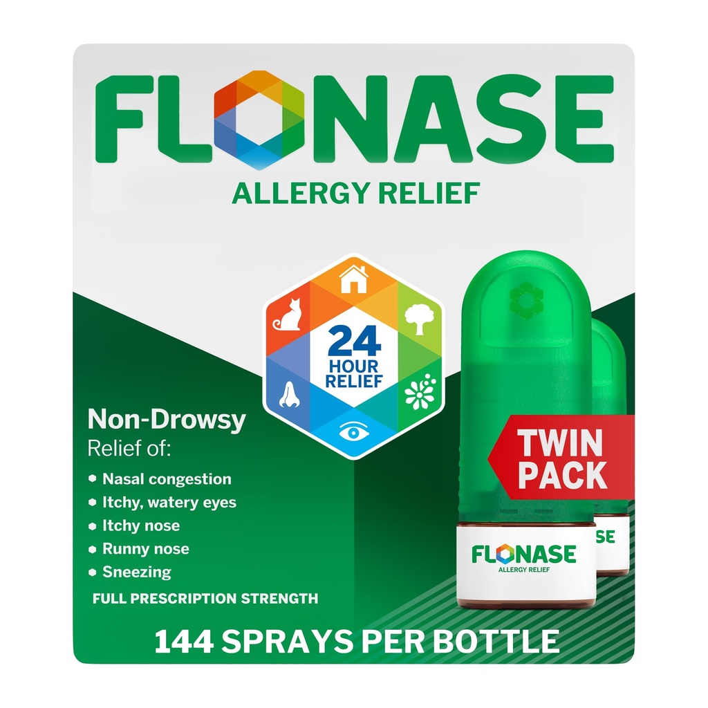 Flonase Alergický Relief Nosálny sprej, 24 hodín Non Drowsy Alergy Medicine, Meraný nosový sprej - 144 Sprays (Pack of 2) - Pád a Sezónne Alergické Relief