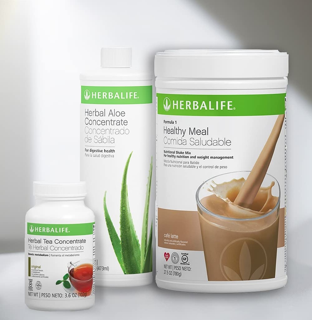 Trio Combo HERBALIFE Formula 1 Zdravé nutričné Shake Mix (Cafe Latte 780g) - Herbal Aloe koncentrát Pint (Original 473ml) - Bylinný čaj koncentrát (Original 102g)