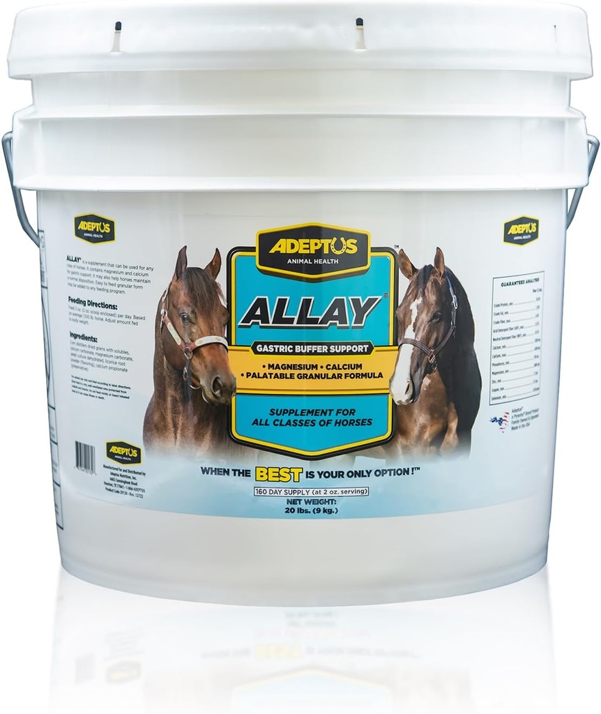Adeptus Nutrition Allay Equine Supplement, Digestive Buffer w/Calcium & Magnézium, upokojujúci granulárny vzorec w/Licorice, Prebiotická báza, Kvasnica kultúry, Podpora pre všetky triedy koní, 20 Lbs