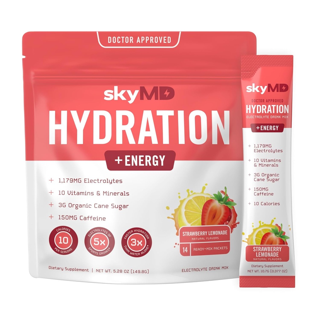 SkyMD Hydration + Energy | Electrolytes Powder Packets | Low Sugar, Sodium, 10 Calories | 10 Vitamins & Minerals | 150g Caffeine for Increased Focus and Performance | Strawberry Lemonade | 14 Sticks