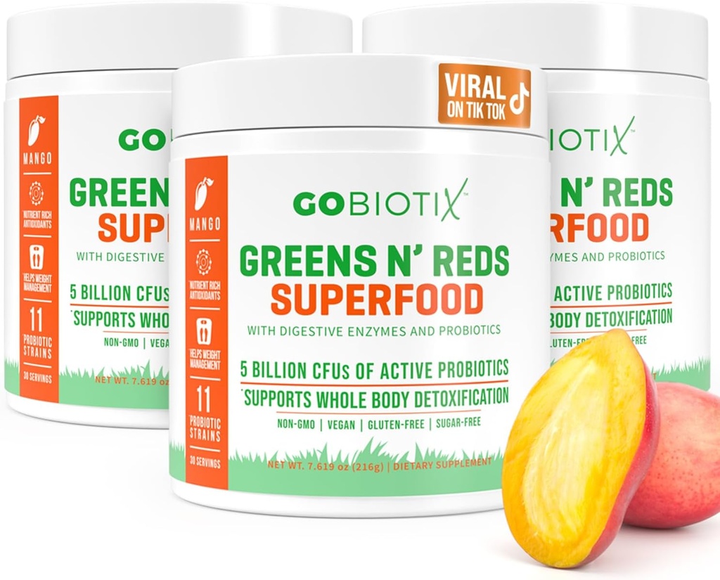 GOBIOTIX Super Greens and Reds Powder - Red and Green Superfood - Probiotické doplnky - Digestívne enzýmy a korenistý prášok - Organické celé potraviny Dietary Supplement (Mango, 3 balenie)