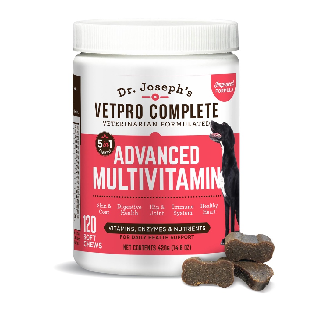 Dr. Joseph's VetPro Complete Multivitamín Dog Supplement, 120 Gróf (Veľký pes 60 dní), 5in1 Žuvačka s vitamínmi, Enzymes & Nutrients, Hip & Spoločné zdravie, Imunitný systém a Alergická podpora