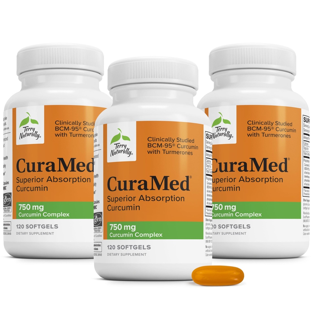 Terry Prirodzene CuraMed 750 mg - Antioxidant Supplement for Brain & Heart Health - Supplement with High-Potency Curcumin Complex - Obličky, Pečeň & Immune Health Support - 120 Softgels (Pack of 3)
