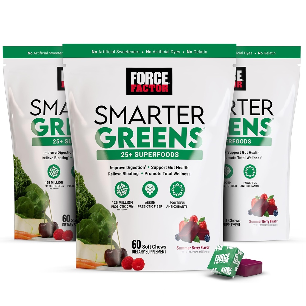 FORCE FACTOR Smart Greens Superfood Chews, 3-Pack, Greens a Superfoods s probiotikami, Antioxidanty, a Fiber, Zelené doplnky na podporu trávenia, oxidu dusnatého a energie, 180 Chews