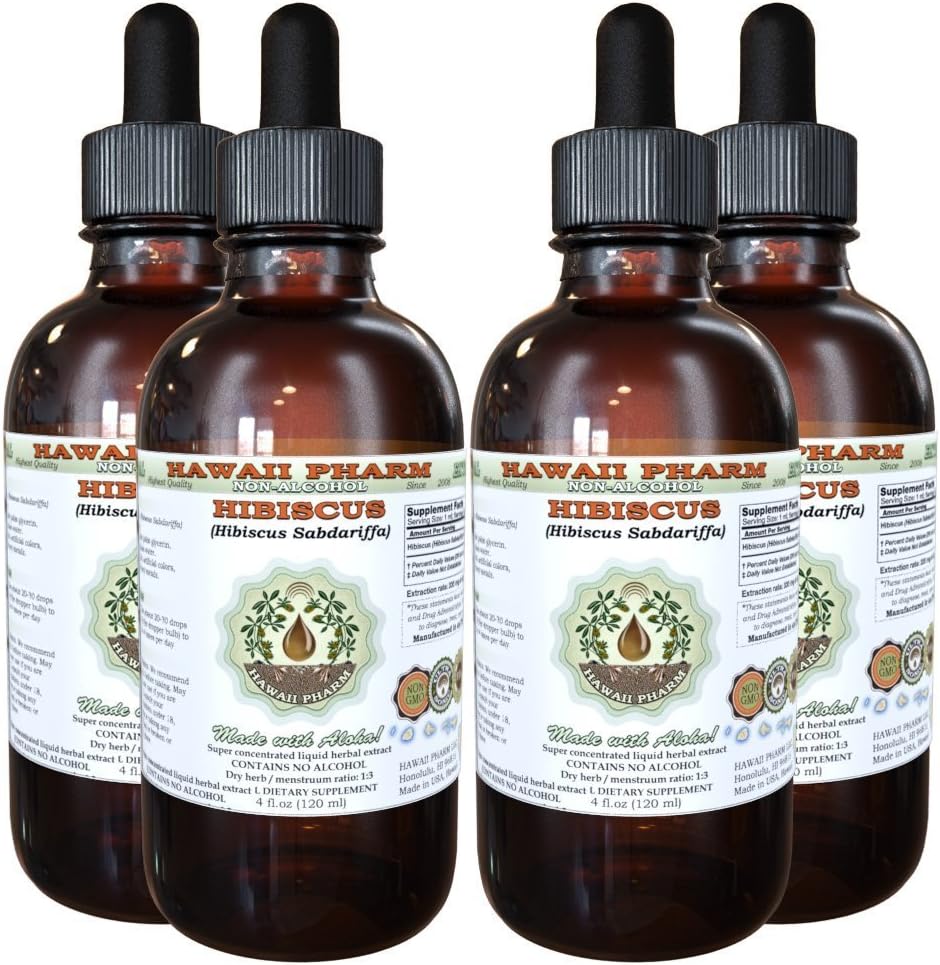 Hibiscus Liquid Extract bez obsahu alkoholu, Organic Hibiscus (Hibiscus Sabdariffa) Sušený kvetinový glycerit Hawaii Pharm Natural Herbal Supplement 4x4 oz