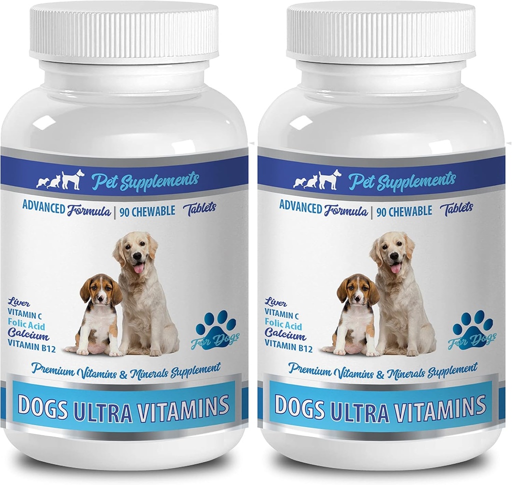 Kostná podpora pre šteňatá - Psy Ultra vitamíny - CHOWABLE - Advanced Formula - Premium Minerály - Pes Calcium Kosti - 2 fľaše (180 Žuvačky)