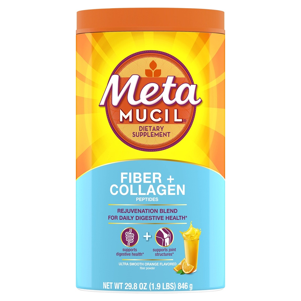 Metamucil Daily Fiber + Collagen, Psyllium Husk Powder, Plant Based Fiber Supplement, bez cukru s Stevia, 3-in-1 Fiber Supplement for Digestive Health, Orange Ochutené, 90 dávok