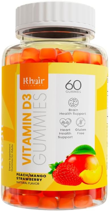 Khair Halal Vitamín D3 Gumičky na podporu kostí a svalov - non-GMO, lepidlo a želatína zadarmo, vegetarián, Halal-Certifikovaný, Prírodné mango, broskyňové a jahodové príchute - 60 Gummies