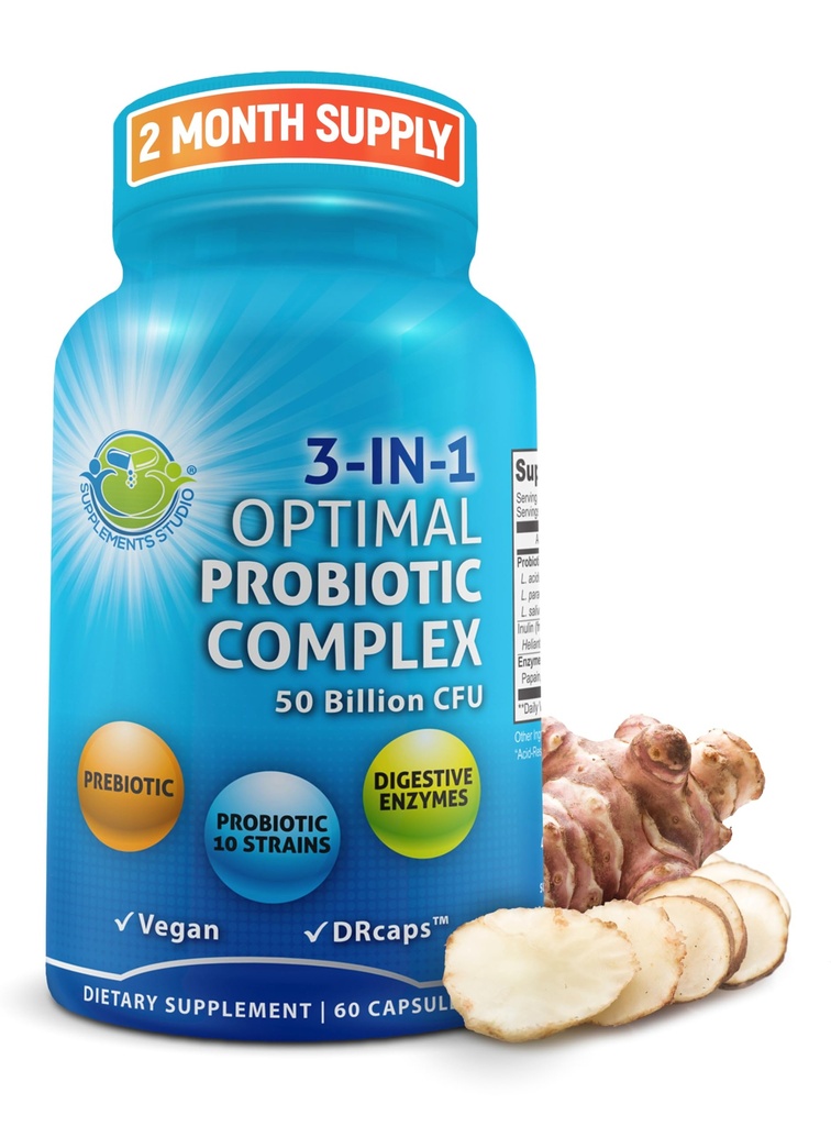 Probiotiká s tráviacimi enzýmami a prebiotikami pre ženy a mužov - 3-in-1 Vegan Probiotic Prebiotic Multi Enzyme Complex pre zdravie Gut - Maximálna absorpcia Oneskorené-Release Kapsule