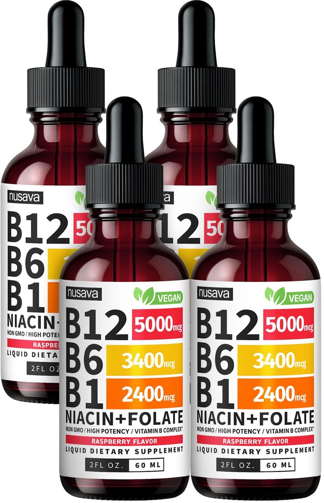 (4 balenia) Vitamín B12 a B6 tekuté kvapky, B12 sublingválny vitamín B komplex - B 12 vitamín 5000mcg - B12 metylkobalamín pre energiu, mozog, a podpora srdca s 27,200 μg, jahoda, 80 slúži