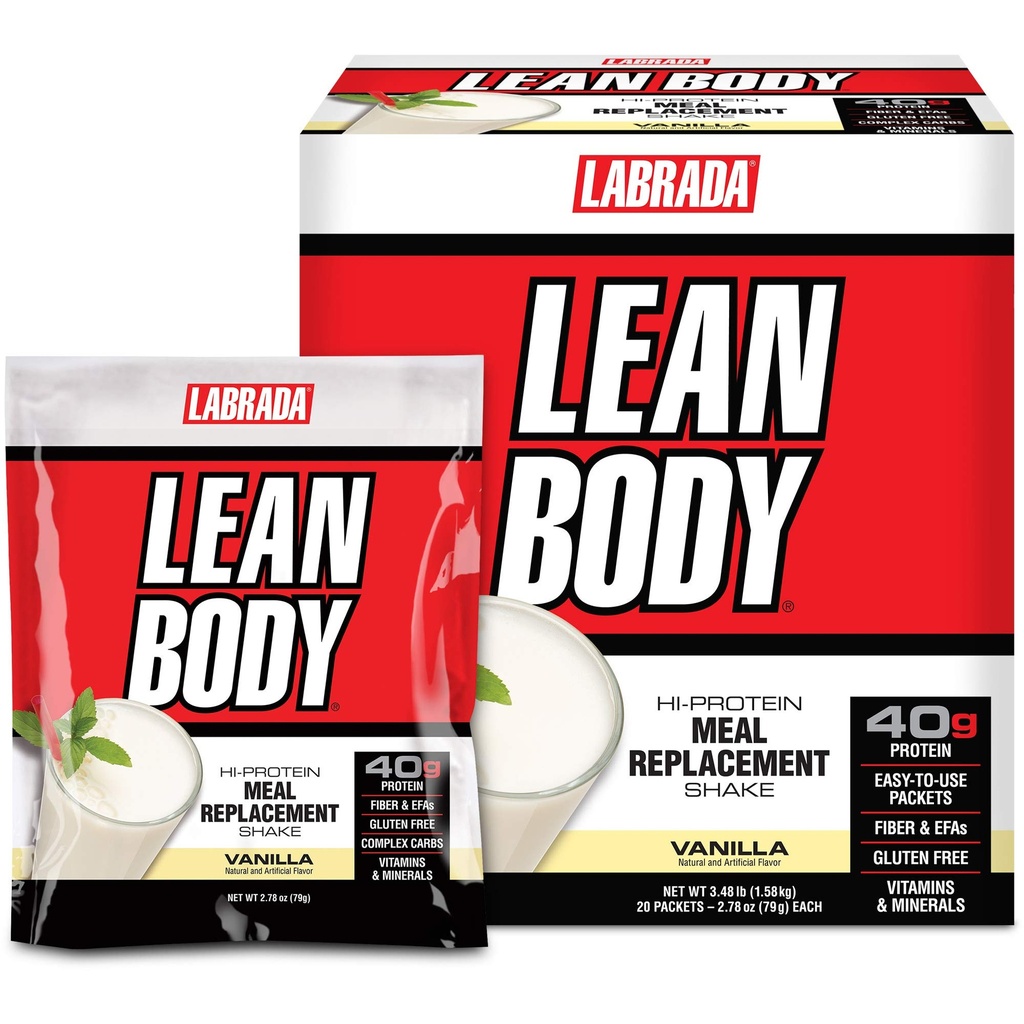 Lean Body MRP All-in-One Vanilla Strava Replacement Shake, 40g Protein, Srvátka Blend , 8g Zdravé tuky EFA & Fiber, 22 Vitamíny a minerály , Žiadna umelá farba, bez lepidla, (20 paketov)