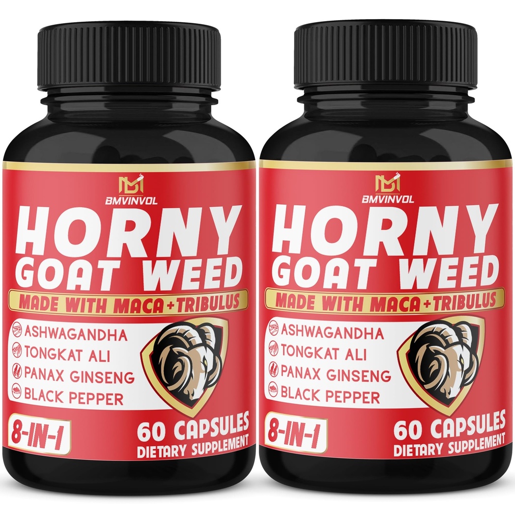 BMVINOVOL (2 balenia) Horny Koza Weed Kapsule s Maca, Tribulus, Ginseng. Ashwagandha, Tongkat Ali - 8-in-1 na podporu energetických úrovní