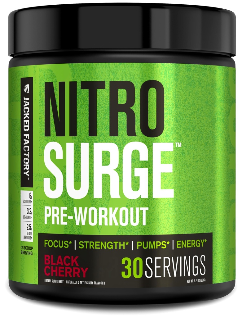 Jacked Factory NITROSURGE Pre Cvičenie Supplement - nekonečná energia, okamžitá sila získava, jasné zameranie a intenzívne čerpadlá - NO Booster & Výkonný preworkout Energy Powder - 30 Slúži, Čierna Cherry