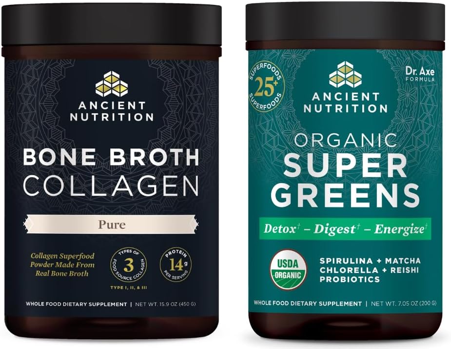 Ancient Nutrition Bone Broth Powder, Pure, 30 Servings + Organic Supergreens Powder, Greens Flavor, 25 Servings