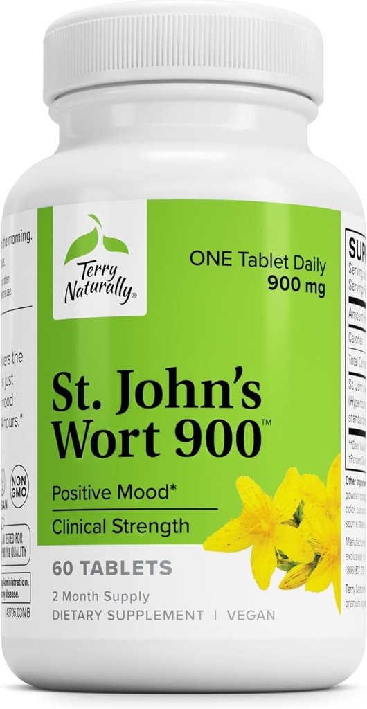Terry prirodzene ľubovník bodkovaný 900-60 tablety - poskytuje plnú klinickú dávku - non-GMO, Vegan, Gluten zadarmo - 60 Servisov