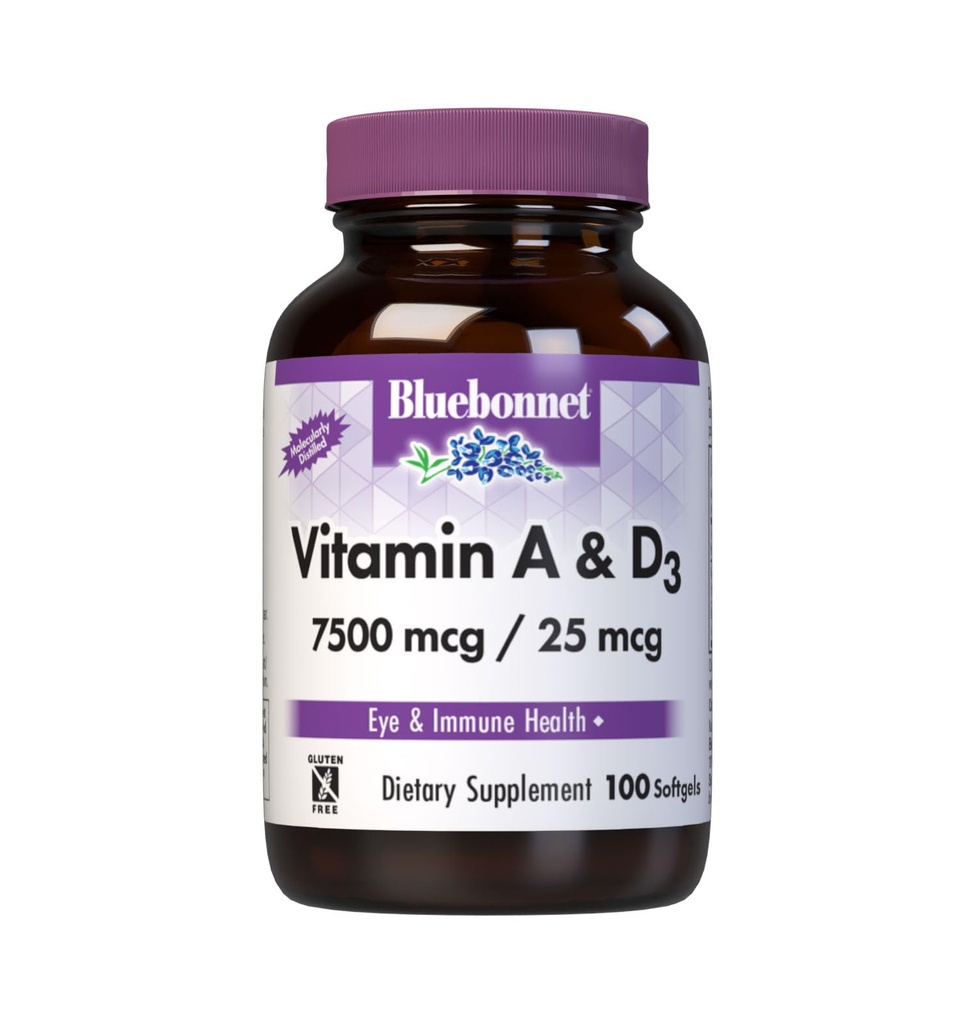 Bluebonnet Nutrition Vitamin A & D3 25 000 IU/1000 IU z hlbokého mora, studenej vody, rybieho oleja - pre zdravie očí a imunitnú funkciu* - bez lepidla - bez mliečnych výrobkov - molekulárne destilované - 100 Softgel/Servings