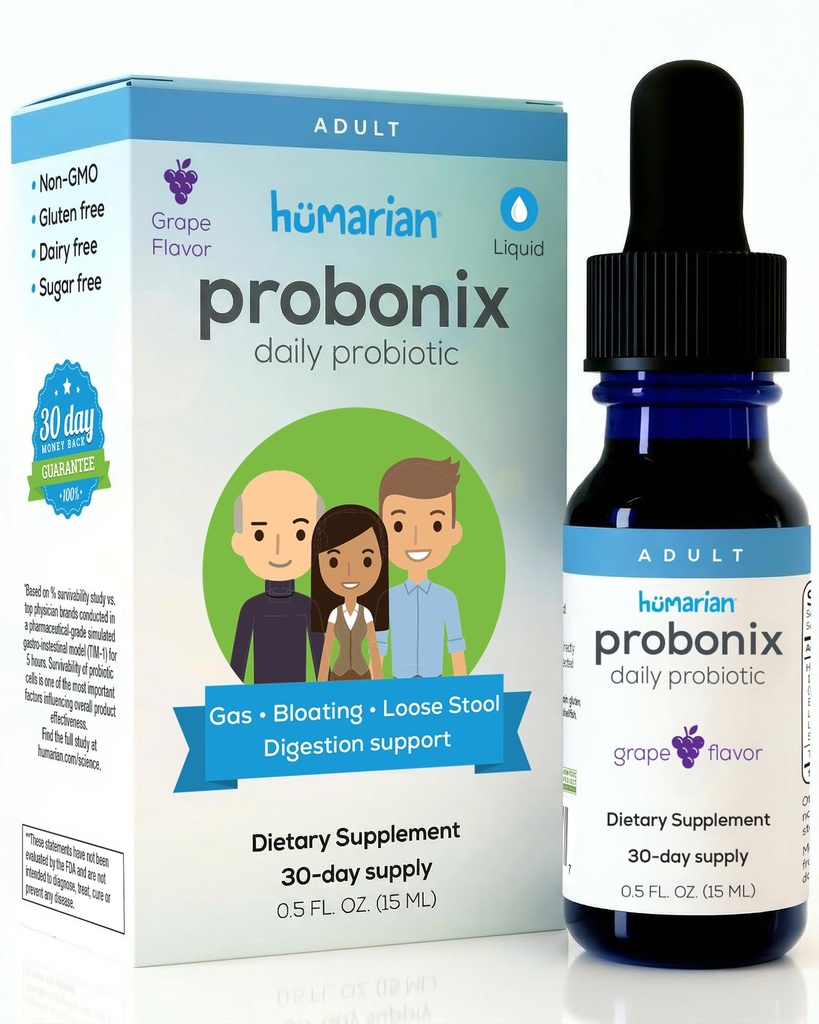 Probonix Humarian Liquid Probiotiká pre dospelých - 12-kmeňové probiotické kvapky na opevnenie zdravia Gut, imunita a ďalšie - 30-dňový zdroj - lahodná hroznová aróma