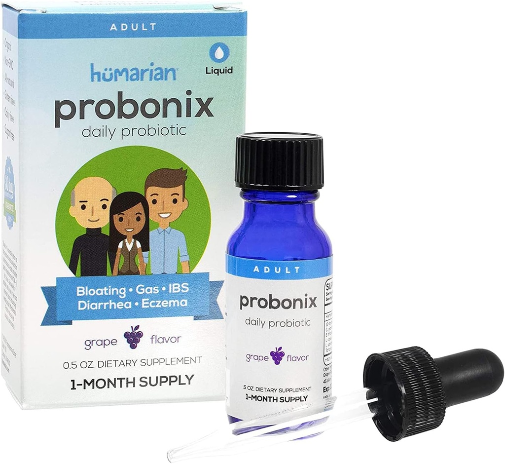 Probonix Humarian Liquid Probiotiká pre dospelých - 12-kmeňové probiotické kvapky na opevnenie zdravia Gut, imunita a ďalšie - 30-dňový zdroj - lahodná hroznová aróma